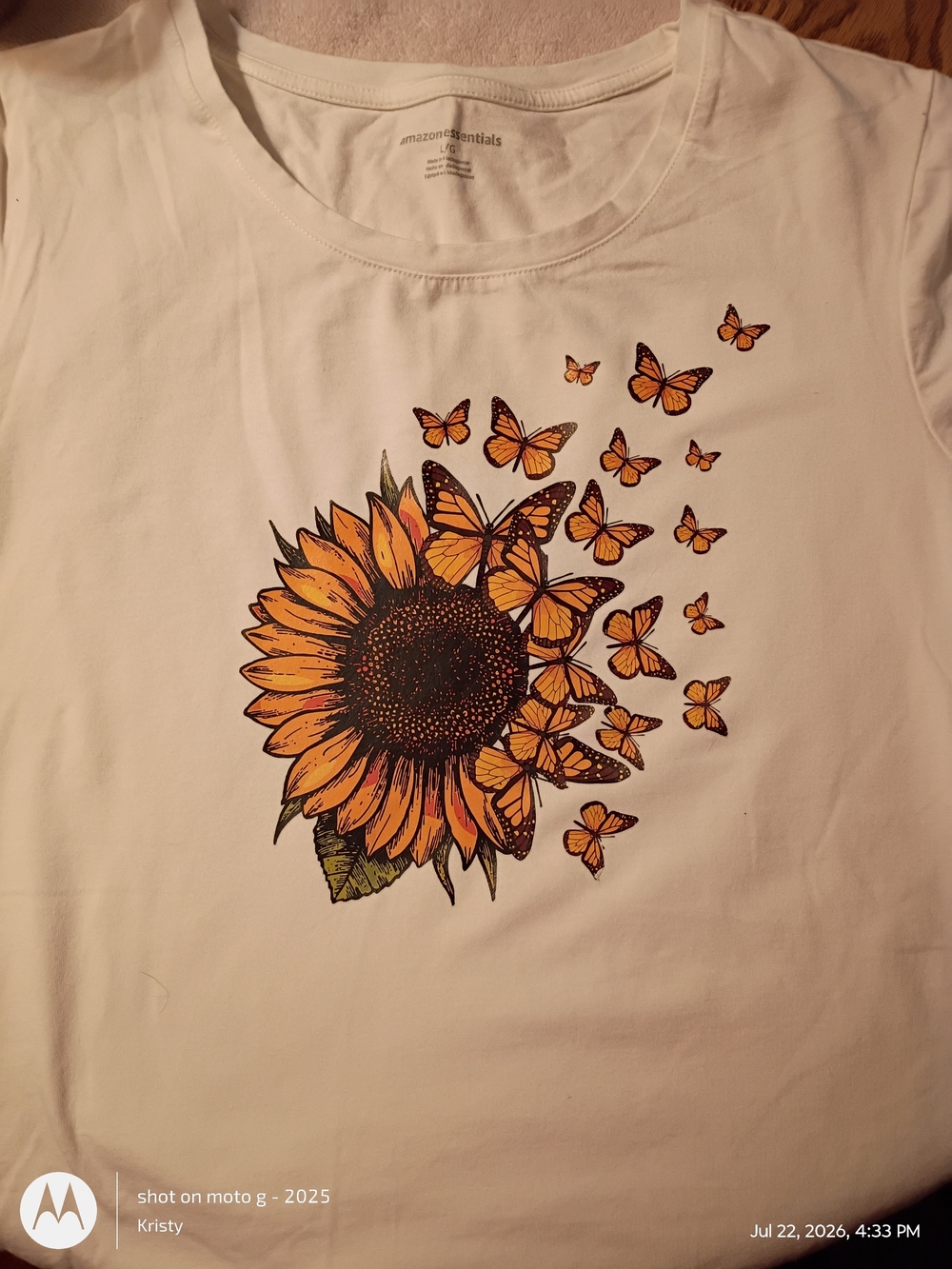 Amazon Essentials White Tee with Sunflower & Butterflies Graphic